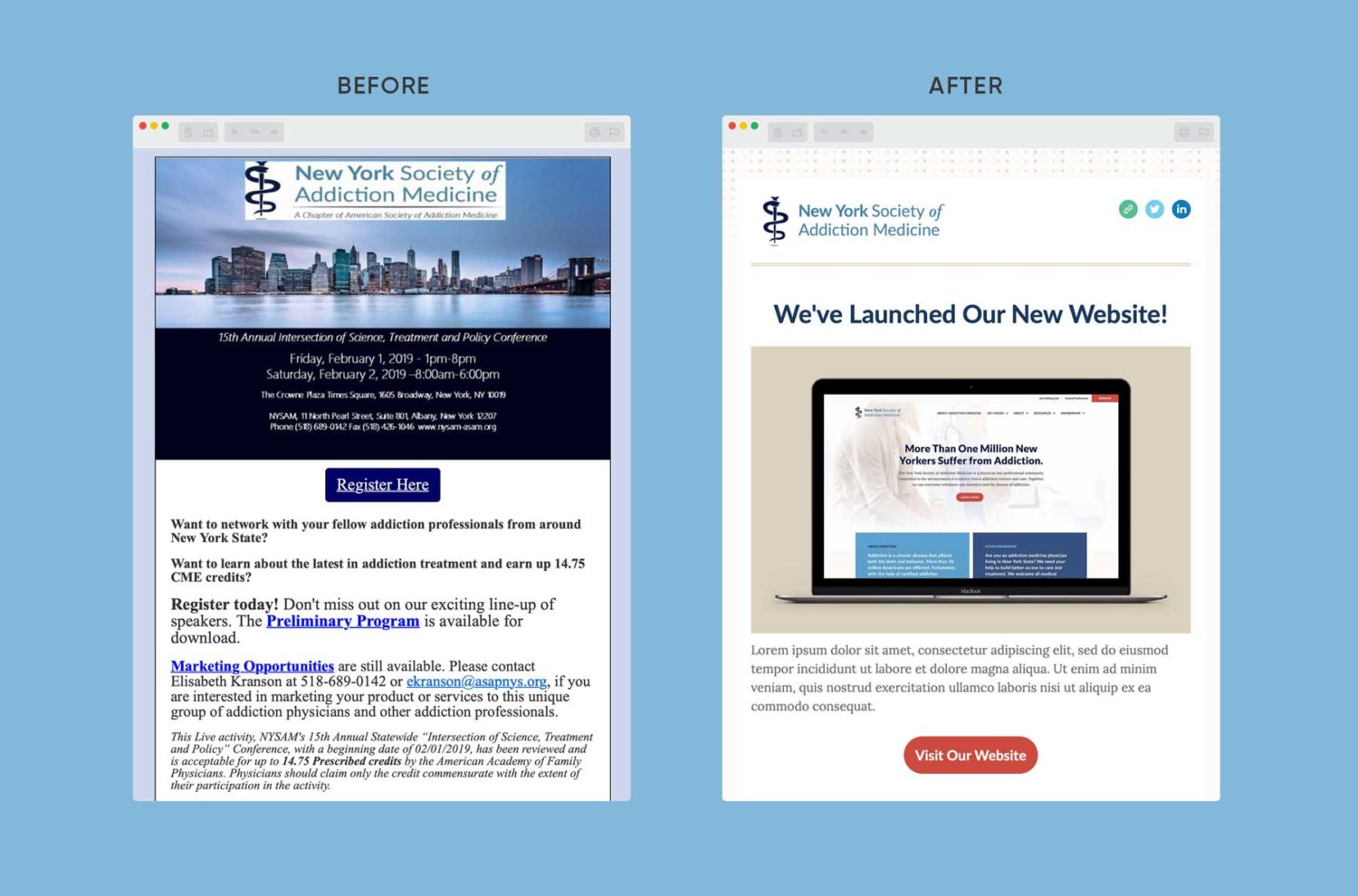 NYSAM Email Design before and after